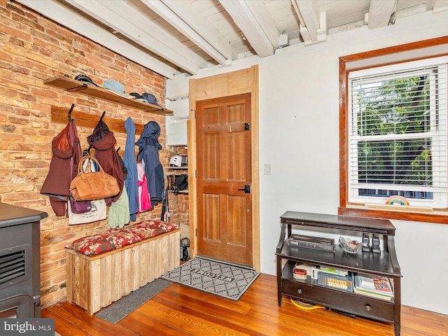 23 W 5th St, Frederick, MD 21701 - mudroom with wood finished floors, beam ceiling, and brick wall
