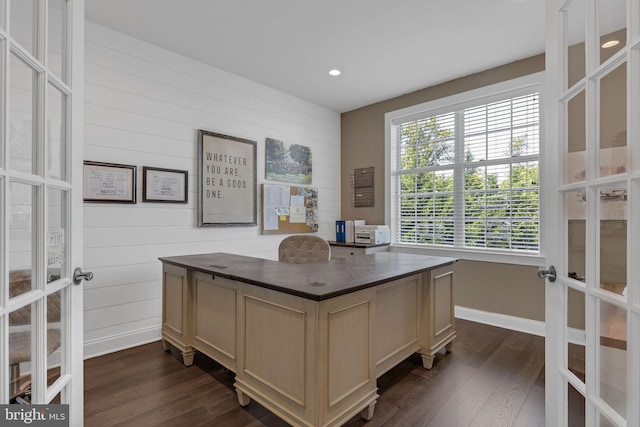 306 Rowland Ln, Line Lexington, PA 18932 - office area featuring french doors, dark wood-style floors, recessed lighting, and wooden walls