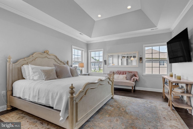 306 Rowland Ln, Line Lexington, PA 18932 - bedroom with wood finished floors, a tray ceiling, multiple windows, ornamental molding, and recessed lighting