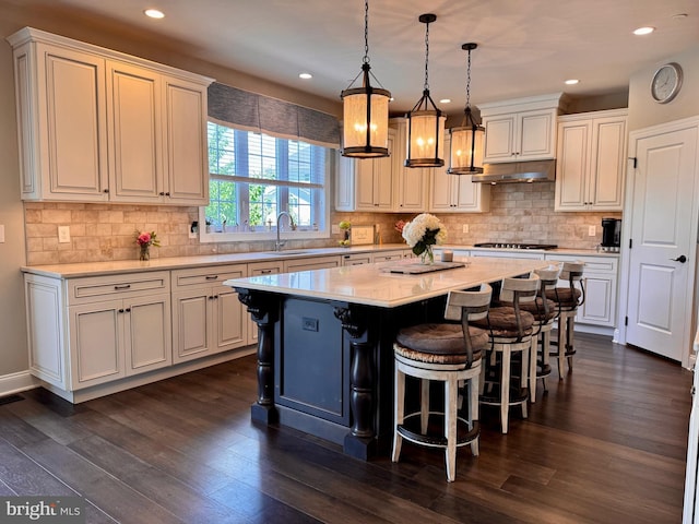 306 Rowland Ln, Line Lexington, PA 18932 - kitchen with under cabinet range hood, a center island, a breakfast bar, dark wood-style floors, and recessed lighting