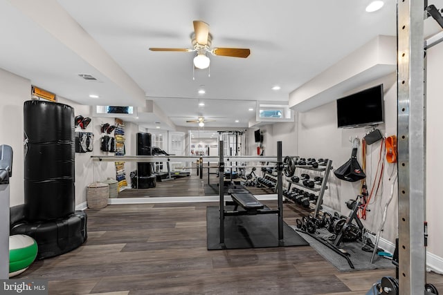 306 Rowland Ln, Line Lexington, PA 18932 - gym with ceiling fan, wood finished floors, and recessed lighting