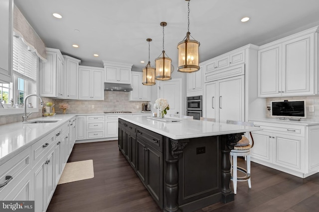 306 Rowland Ln, Line Lexington, PA 18932 - kitchen featuring white cabinetry, under cabinet range hood, light countertops, backsplash, and recessed lighting