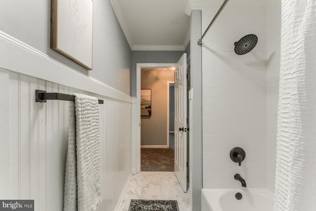 128 Azalea Dr, Hershey, PA 17033 - bathroom with marble finish floors, shower / tub combination, and ornamental molding