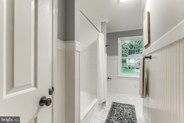 128 Azalea Dr, Hershey, PA 17033 - full bathroom featuring marble look tile flooring, wainscoting, crown molding, and shower / bath combo