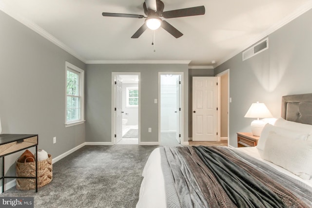 128 Azalea Dr, Hershey, PA 17033 - bedroom featuring carpet, ornamental molding, ensuite bath, and a ceiling fan