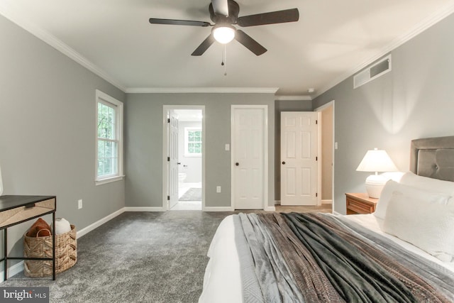 128 Azalea Dr, Hershey, PA 17033 - carpeted bedroom with ornamental molding, ensuite bath, and a ceiling fan