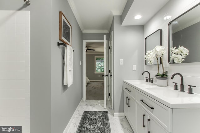 128 Azalea Dr, Hershey, PA 17033 - full bath featuring ornamental molding, marble look tile flooring, double vanity, a ceiling fan, and recessed lighting