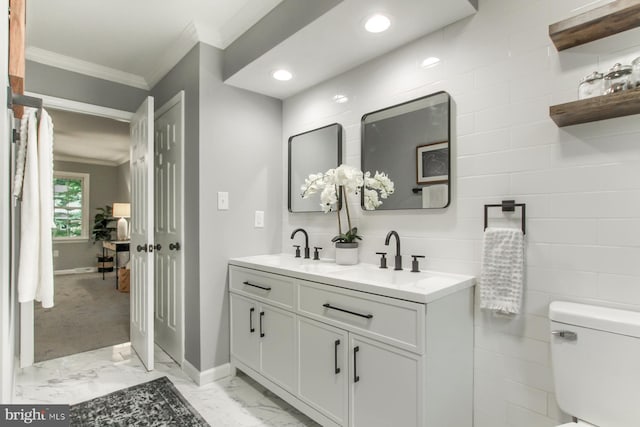 128 Azalea Dr, Hershey, PA 17033 - bathroom with ornamental molding, double vanity, marble finish flooring, and recessed lighting