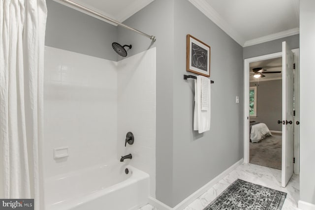 128 Azalea Dr, Hershey, PA 17033 - ensuite bathroom featuring shower / bathtub combination with curtain, ornamental molding, marble finish floors, and a ceiling fan