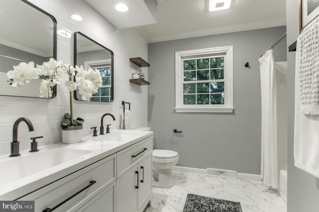 128 Azalea Dr, Hershey, PA 17033 - bathroom with marble finish floors, ornamental molding, double vanity, and a shower with curtain