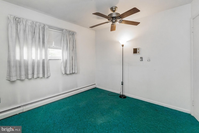 1402 Lehigh St, Allentown, PA 18103 - spare room featuring baseboard heating, dark colored carpet, and a ceiling fan