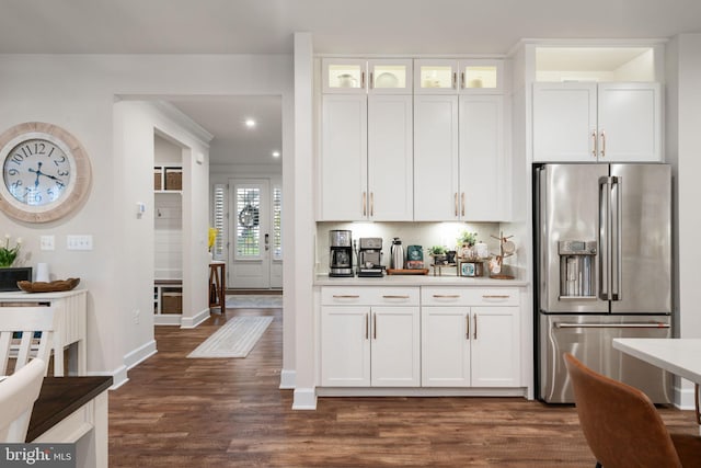 303 Petunia Way, Stafford, VA 22554 - kitchen featuring high quality fridge, white cabinets, light countertops, dark wood-type flooring, and recessed lighting