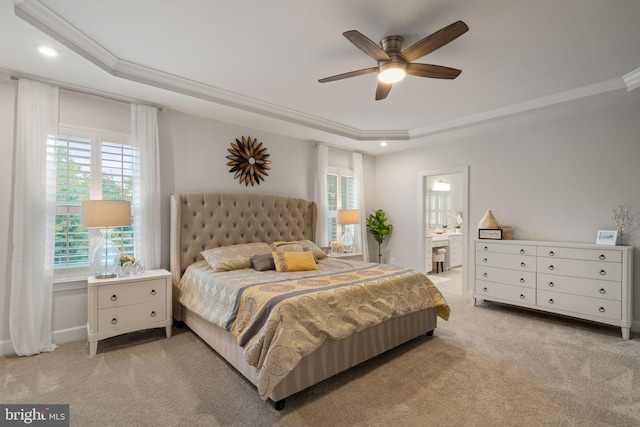 303 Petunia Way, Stafford, VA 22554 - bedroom featuring a tray ceiling, light carpet, ornamental molding, recessed lighting, and ensuite bath