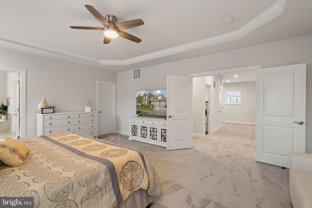 303 Petunia Way, Stafford, VA 22554 - carpeted bedroom featuring ornamental molding, a raised ceiling, ensuite bathroom, and ceiling fan