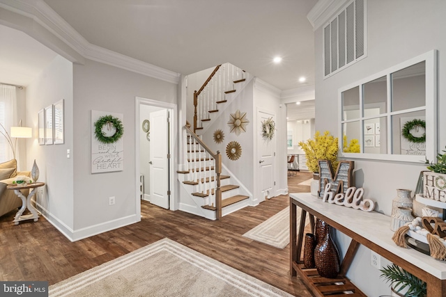 303 Petunia Way, Stafford, VA 22554 - entrance foyer featuring stairs, wood finished floors, crown molding, and recessed lighting