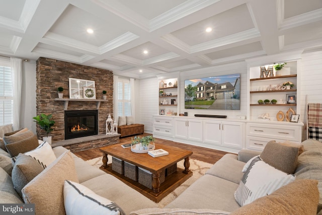 303 Petunia Way, Stafford, VA 22554 - living room with wood finished floors, coffered ceiling, a stone fireplace, beam ceiling, and ornamental molding