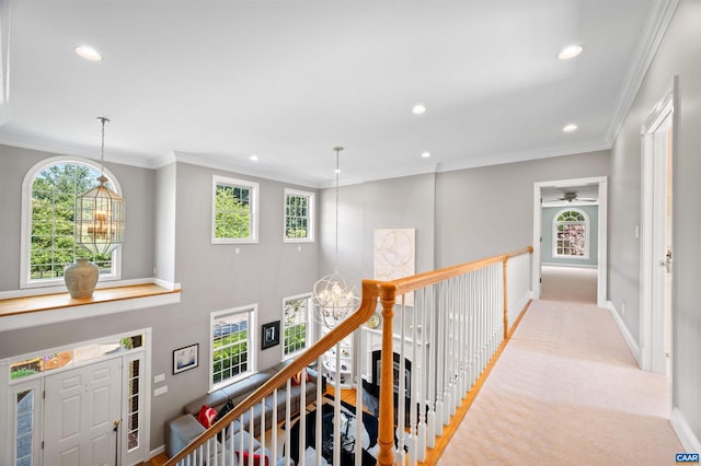 2865 Proffit Rd, Charlottesville, VA 22911 - hallway with healthy amount of natural light, recessed lighting, crown molding, a chandelier, and carpet flooring