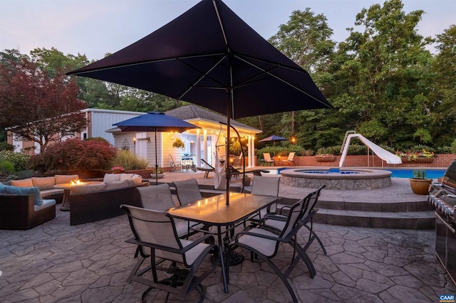 2865 Proffit Rd, Charlottesville, VA 22911 - view of patio with an outdoor living space with a fire pit, an outdoor pool, an outbuilding, and an in-ground hot tub