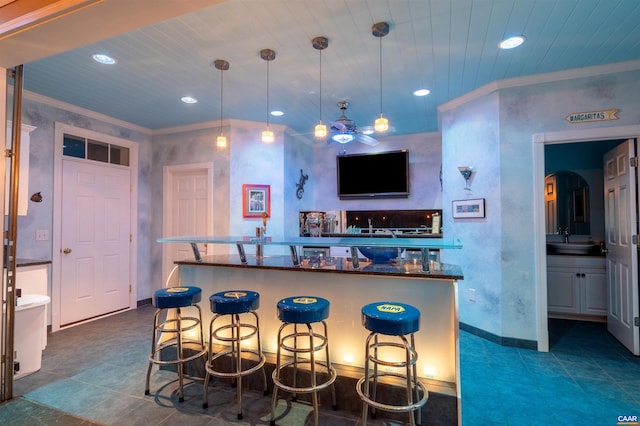 2865 Proffit Rd, Charlottesville, VA 22911 - bar area featuring a ceiling fan, recessed lighting, pendant lighting, crown molding, and wood ceiling