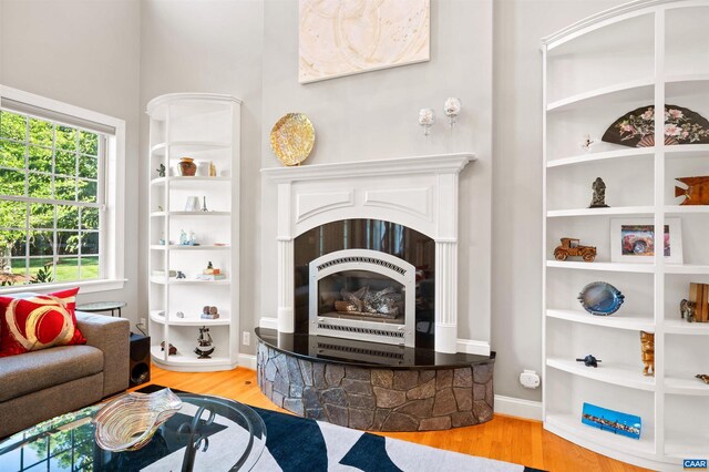 2865 Proffit Rd, Charlottesville, VA 22911 - living area featuring wood finished floors and a glass covered fireplace
