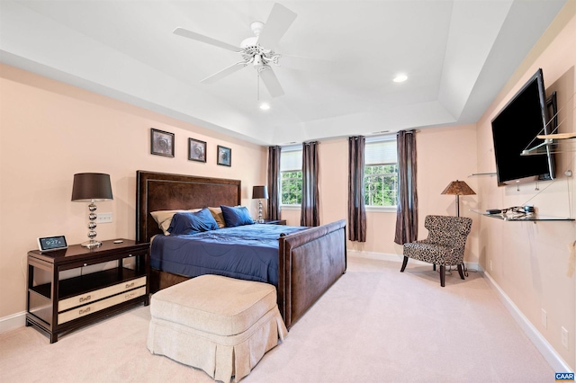 2865 Proffit Rd, Charlottesville, VA 22911 - bedroom with light colored carpet, recessed lighting, a tray ceiling, and ceiling fan