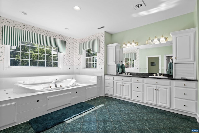 2865 Proffit Rd, Charlottesville, VA 22911 - full bath featuring double vanity, a garden tub, tile patterned floors, and recessed lighting