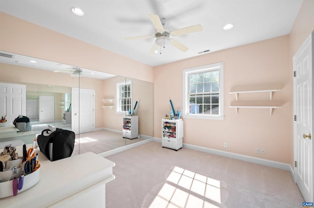 2865 Proffit Rd, Charlottesville, VA 22911 - exercise area featuring ceiling fan, light colored carpet, and recessed lighting