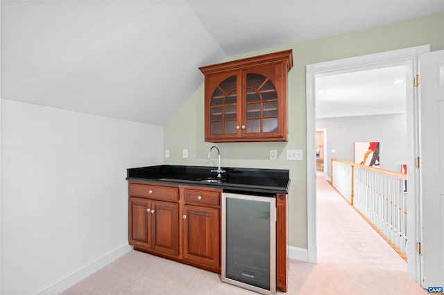 2865 Proffit Rd, Charlottesville, VA 22911 - indoor wet bar with wine cooler, light carpet, and lofted ceiling