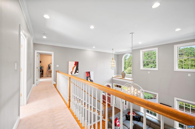 2865 Proffit Rd, Charlottesville, VA 22911 - corridor featuring recessed lighting, healthy amount of natural light, ornamental molding, and an upstairs landing