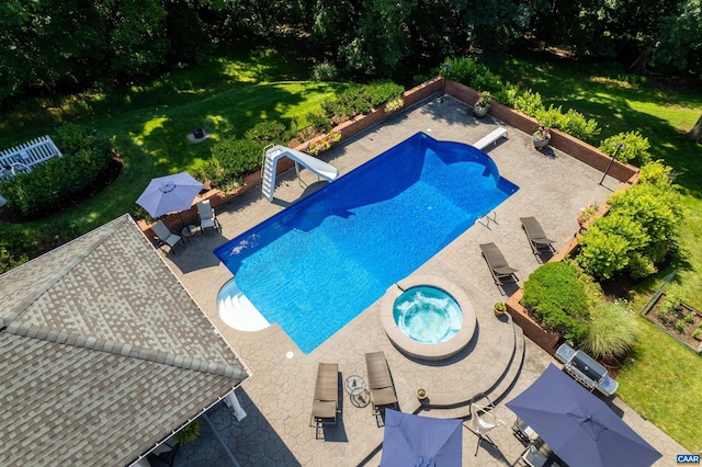 2865 Proffit Rd, Charlottesville, VA 22911 - view of swimming pool with a water slide, a patio area, and a lawn
