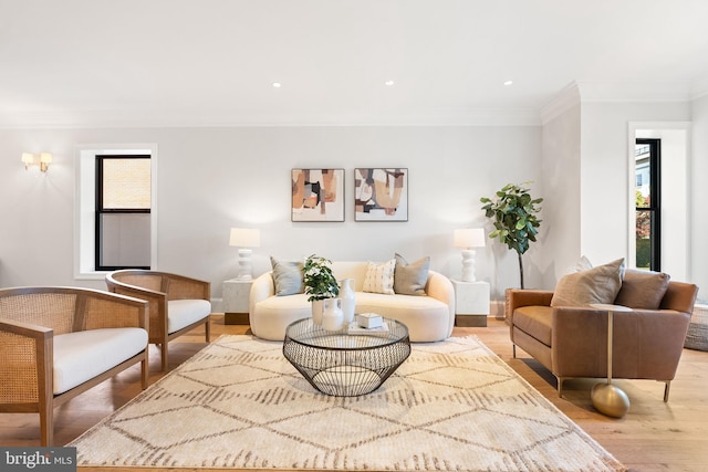 1720 15th St NW, Washington, DC 20009 - living room featuring ornamental molding, plenty of natural light, light wood finished floors, and recessed lighting