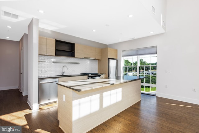 502 Diamondback Dr Unit 415, Gaithersburg, MD 20878 - kitchen featuring dishwasher, refrigerator, modern cabinets, decorative backsplash, and open shelves