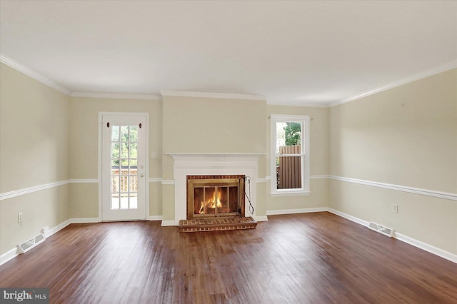 38 Fairfax Vlg, Harrisburg, PA 17112 - unfurnished living room with plenty of natural light, dark wood-style flooring, a fireplace, and ornamental molding