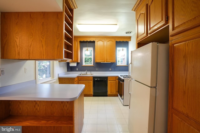 6339 Frederick Rd, Baltimore, MD 21228 - kitchen with white appliances, a peninsula, open shelves, light tile patterned flooring, and brown cabinets