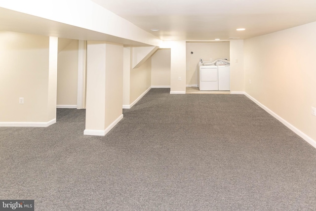 3923 Fairview Ave, Baltimore, MD 21216 - finished below grade area with washing machine and dryer, dark colored carpet, and recessed lighting