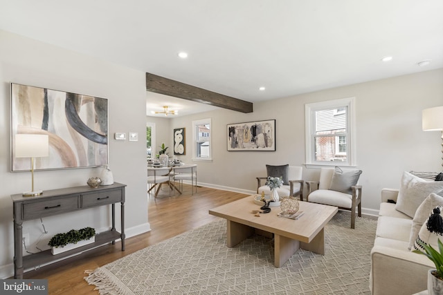 513 Ridley Cir, Morton, PA 19070 - living area featuring recessed lighting, wood finished floors, beamed ceiling, and a chandelier