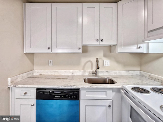 8688 Village Sq, Alexandria, VA 22309 - kitchen featuring dishwasher, white electric range, and white cabinets