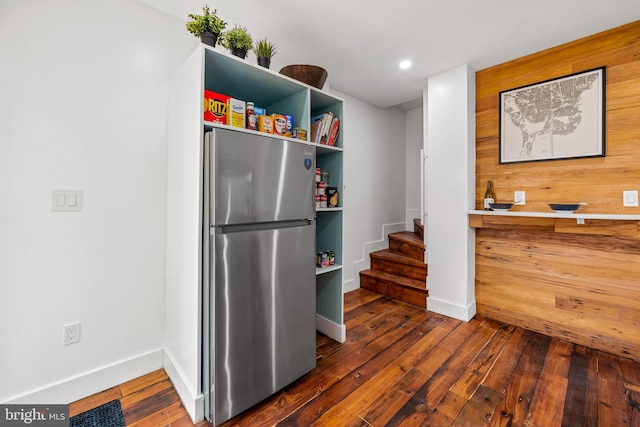 1406 Lemmon St, Baltimore, MD 21223 - kitchen featuring freestanding refrigerator, dark wood finished floors, recessed lighting, and open shelves