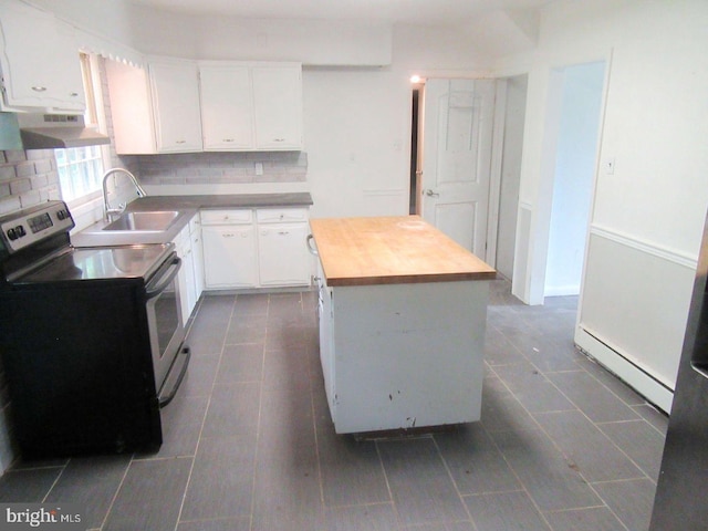 1267 Ringing Rocks Park, Pottstown, PA 19464 - kitchen featuring stainless steel range with electric stovetop, butcher block counters, under cabinet range hood, a kitchen island, and decorative backsplash