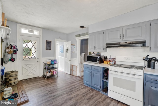 216 Hanover St, Glen Rock, PA 17327 - kitchen featuring white gas range, under cabinet range hood, stainless steel microwave, blue cabinetry, and a wainscoted wall