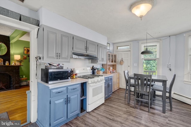 216 Hanover St, Glen Rock, PA 17327 - kitchen with stainless steel microwave, gas range gas stove, under cabinet range hood, blue cabinetry, and wood finished floors