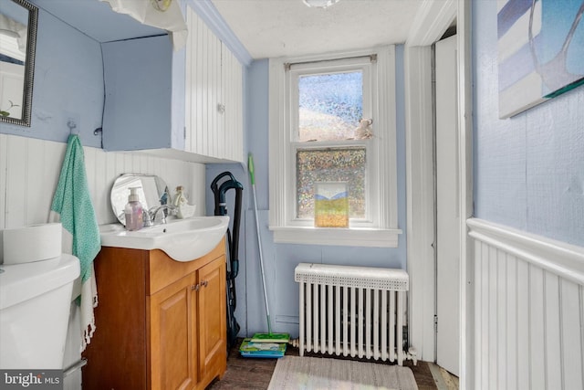 216 Hanover St, Glen Rock, PA 17327 - bathroom featuring radiator heating unit, vanity, and wood finished floors