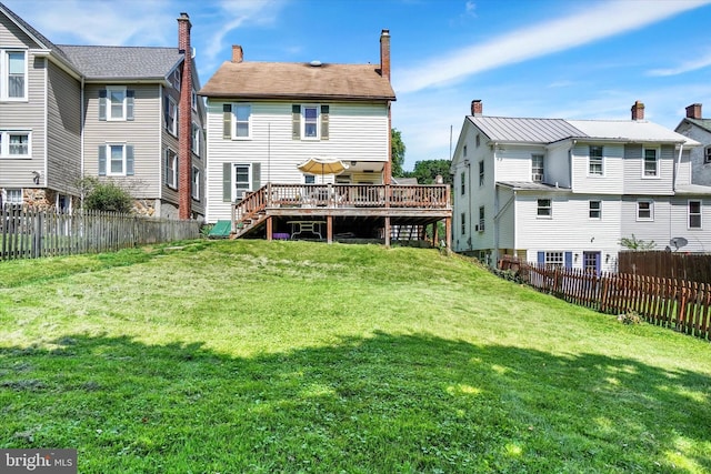 216 Hanover St, Glen Rock, PA 17327 - back of property featuring a wooden deck, a fenced backyard, stairway, and a chimney
