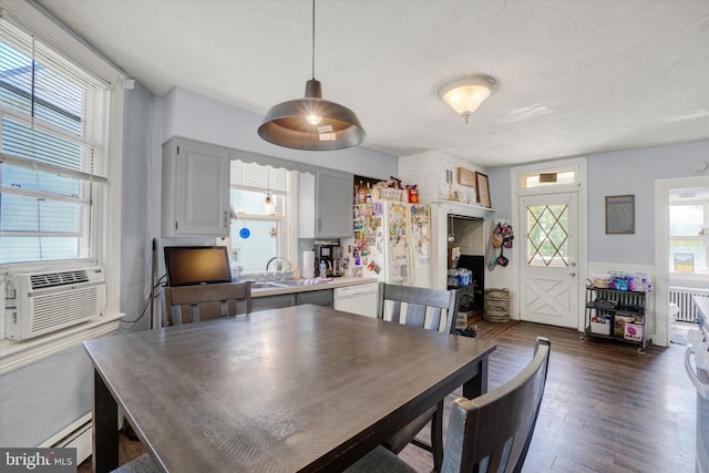 216 Hanover St, Glen Rock, PA 17327 - dining space featuring radiator, dark wood-type flooring, a baseboard radiator, cooling unit, and wainscoting