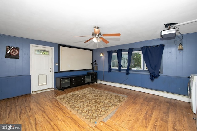 26 Worrell Rd, Tabernacle, NJ 08088 - home theater featuring a ceiling fan, wood finished floors, and wooden walls