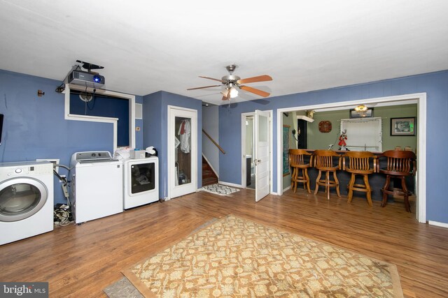 26 Worrell Rd, Tabernacle, NJ 08088 - laundry room with washing machine and clothes dryer, a ceiling fan, and wood finished floors