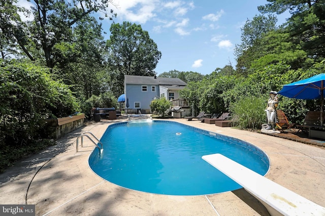 26 Worrell Rd, Tabernacle, NJ 08088 - swimming pool with a diving board, a patio area, and view of scattered trees
