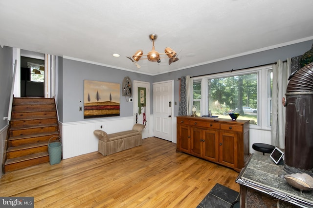 26 Worrell Rd, Tabernacle, NJ 08088 - foyer featuring a chandelier, light wood-style floors, stairway, wainscoting, and crown molding