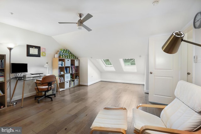 12150 Grey Squirrel St, Clarksburg, MD 20871 - office featuring wood finished floors, vaulted ceiling, a skylight, and ceiling fan