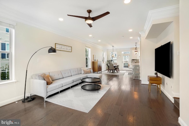 12150 Grey Squirrel St, Clarksburg, MD 20871 - living room with ornamental molding, ceiling fan, wood finished floors, and recessed lighting